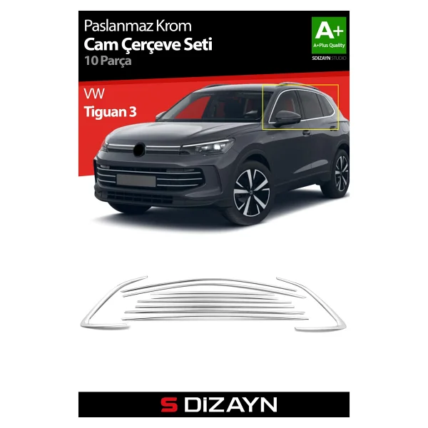 S-Dizayn VW Tiguan 3 Krom Cam Çerçeve Seti 10 Prç. 2024 Üzeri A+ Kalite - Görsel 8