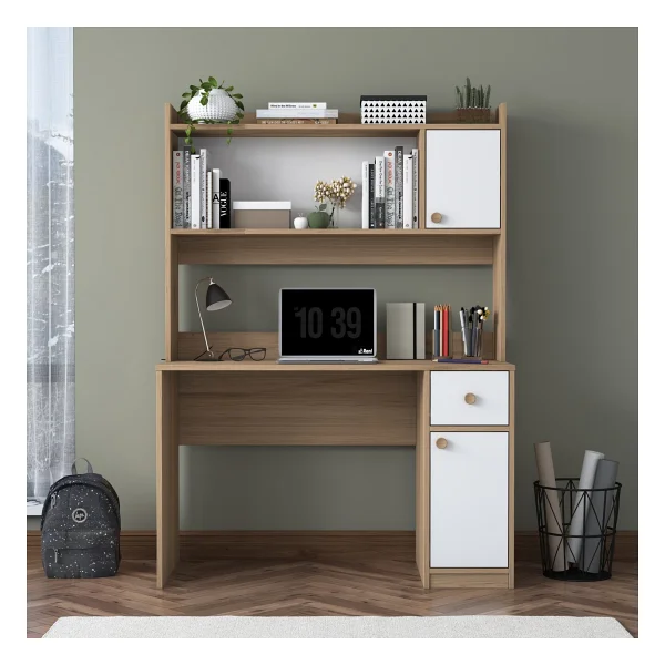 Rani HA127 Kitaplıklı Raflı 2 Kapaklı 1 Çekmeceli Çalışma Ofis Bilgisayar Masası Sepet Ceviz - Beyaz - 120 x 50 x 166 - Görsel 3