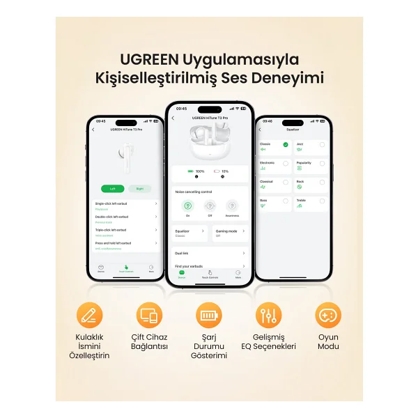 Ugreen HiTune T3 Pro ANC TWS Kulak İçi Bluetooth Kulaklık - Görsel 8