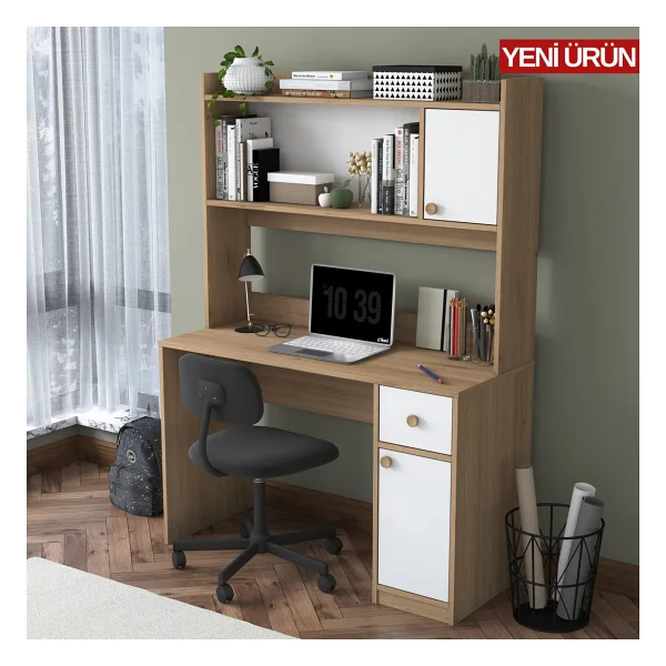 Rani HA127 Kitaplıklı Raflı 2 Kapaklı 1 Çekmeceli Çalışma Ofis Bilgisayar Masası Sepet Ceviz - Beyaz - 120 x 50 x 166 - Görsel 6