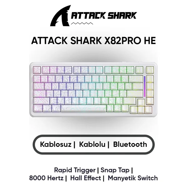 Attack Shark X82 Pro HE RGB %75 TKL Beyaz Magnetic Switch Kablolu/Kablosuz Mekanik Oyuncu Klavyesi - Görsel 10