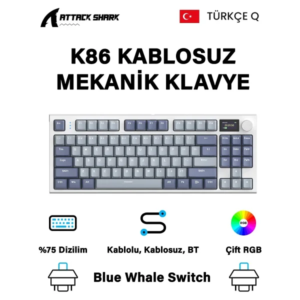 Attack Shark K86 RGB %75 TKL Blue Whale Switch Kablolu/Kablosuz Mekanik Oyuncu Klavyesi - Görsel 7