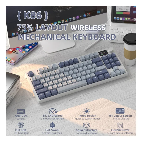 Attack Shark K86 Mavi-Mor RGB %75 TKL Blue Whale Switch Kablolu/Kablosuz Mekanik Oyuncu Klavyesi - Görsel 10