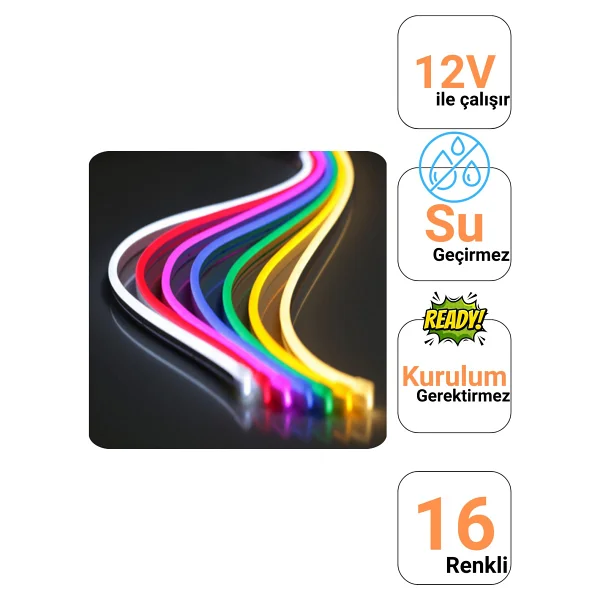 Ema Dükkan 12V RGB Neon Led 5 Metre RGB Neon Şerit Led 16 Renkli Kumandalı Animasyonlu RGB Neon Led Şerit - Görsel 2