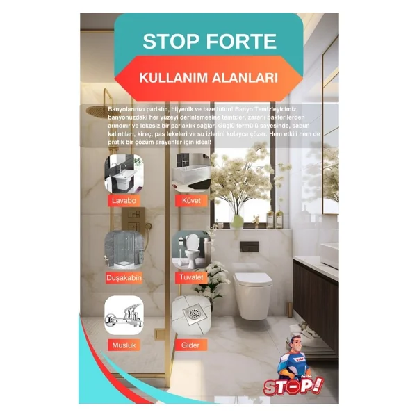 Stop Forte 3'lü WC & Banyo Temizleyici 750 ml Güçlü Temizlik Performansı ile Uzun Süreli Hijyen - Görsel 2