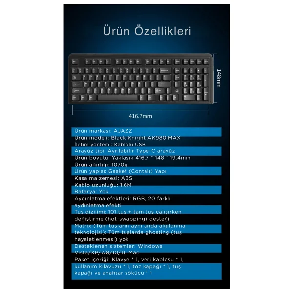 Ajazz AK980 Max HE Siyah RGB Magnetic Dao Switch Kablolu Mekanik Oyuncu Klavyesi - Görsel 4