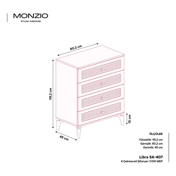 Monzio Libra 4 Çekmeceli Şifonyer Tamamı Mdf (Yeşil) - Görsel 3
