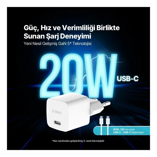 Ttec SmartCharger 2SCG20CB 20 W Type-C Kablolu Hızlı Şarj Aleti - Görsel 2