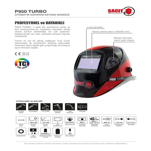 Sacit P950 Turbo Colormatic Kaynak Maskesi - Görsel 2