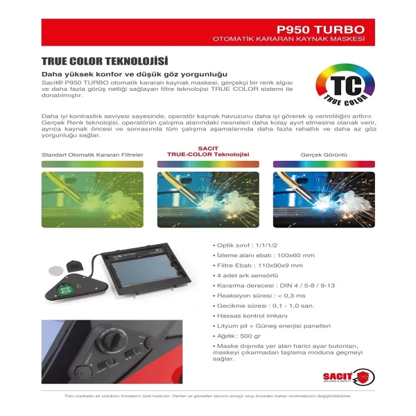 Sacit P950 Turbo Colormatic Kaynak Maskesi - Görsel 3
