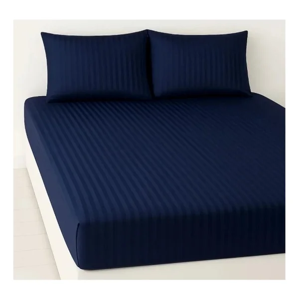 Çift Kişilik Battal %100 Pamuk Saten Lüks Lastikli Çizgili Çarşaf Takımı - Lacivert - 180 x 200 cm - Görsel 3