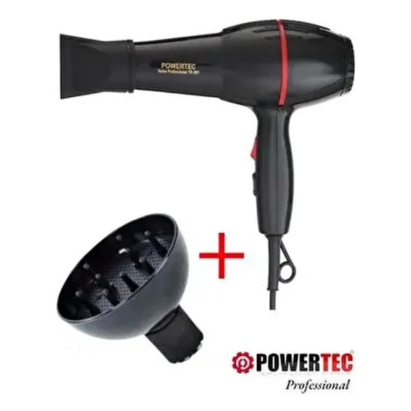 Powertec TR-801 Profesyonel Fön Makinesi 2500 W Difüzör Hacimlendirici Başlık ile 2 Kademe Isı Ayarı - Siyah - Görsel 6