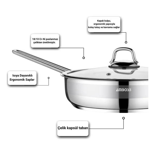 Amboss Saphire 26 cm Cam Kapaklı Çelik Tava - Görsel 3