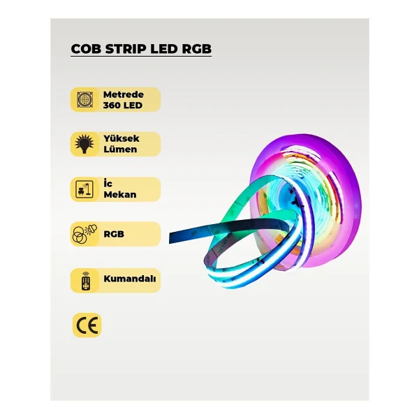 12V Cob Şerit LED Rgb - Kumandalı - Metrede 360 LED - 5 Metre - Görsel 6
