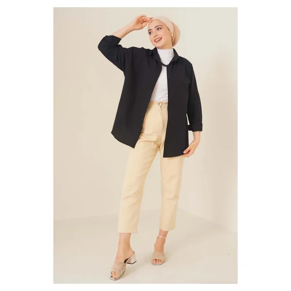 Bigdart Kadın Siyah Oversize Tesettür Gömlek - %70 Pamuk %30 Polyester, Düz Desen ve Rahat Kesim - 36 - Görsel 2
