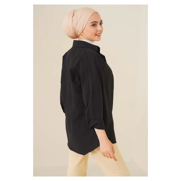Bigdart Kadın Siyah Oversize Tesettür Gömlek - %70 Pamuk %30 Polyester, Düz Desen ve Rahat Kesim - 36 - Görsel 3