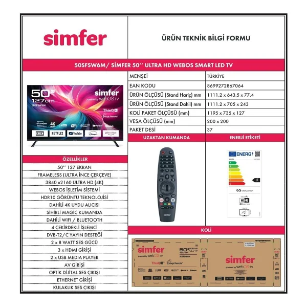Simfer 50SFSW6M 4K Ultra HD 50" 127 Ekran Uydu Alıcılı webOS Smart LED TV - Görsel 8