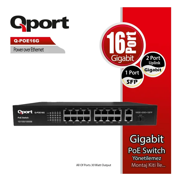 Qport Q-POE16G 16 Port 10/100/1000 16 Port PoE 2 Port Uplink + 1 SFP 200W Yonetilemez Desktop Switch - Görsel 2