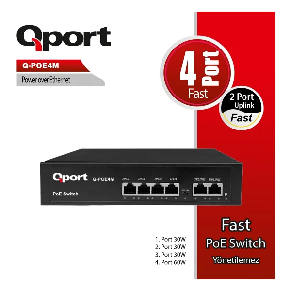 Qport Q-POE4M 4 Port 10/100 4 Port PoE 2 Port Uplink 60W Yonetilemez Desktop Switch - Görsel 3