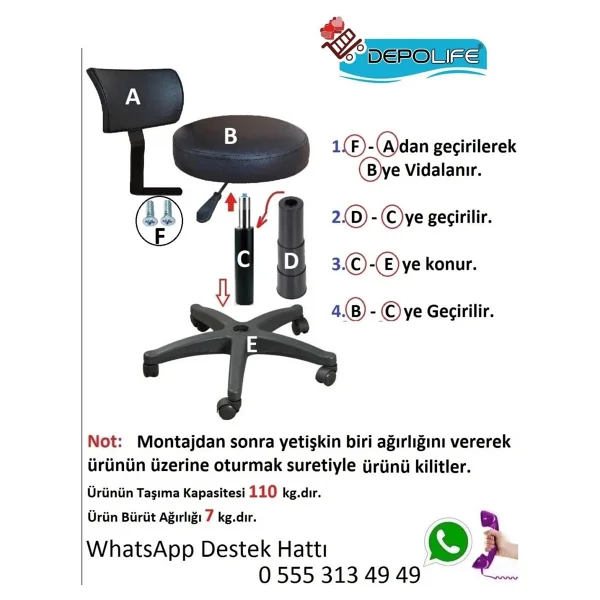 Depolife Ofis Laboratuvar Öğrenci Büro Taburesi Tekerlekli Sandalye Sırt Dayamalı Kasiyer Çalışma Koltuğu Krem - Görsel 6