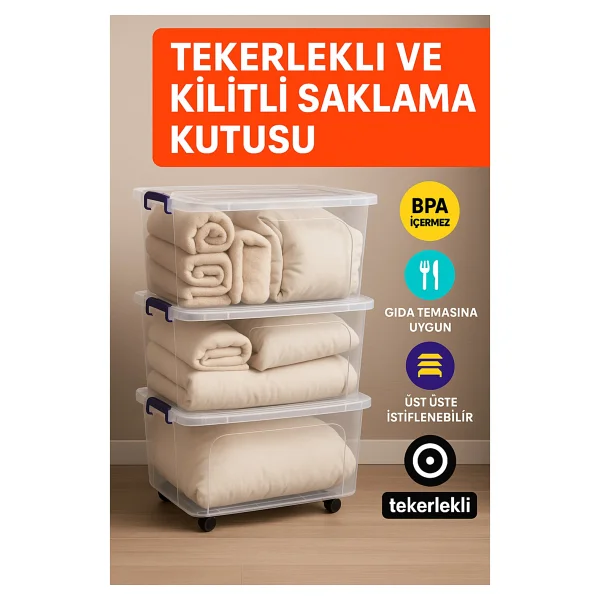 3'lü Set 80 Lt Tekerlekli Kilitli Şeffaf Saklama Kutusu Büyük Boy Plastik Düzenleyeci Saklama Kabı - Beyaz - Görsel 2