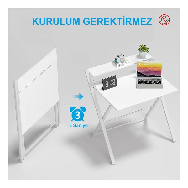 Ayz Bodo Metal Ayaklı Laptop Masası, Katlanır Çalışma Masası, Raflı Masa, Katlanır Laptop Sehpası Beyaz - YÜKSEKLİK 84 CM X GENİŞLİK 76 CMX DERİNLİK 50 CM - Görsel 5
