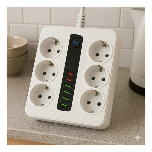 Smayling 6 Prizli Akıllı Uzatma Kablosu - 4 Usb-A + 2 Type-C Hızlı Şarj Çıkışlı Akım Korumalı , 2 Metre Kablo - Görsel 3