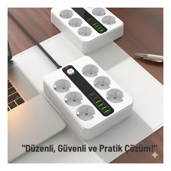 Smayling 6 Prizli Akıllı Uzatma Kablosu - 4 Usb-A + 2 Type-C Hızlı Şarj Çıkışlı Akım Korumalı , 2 Metre Kablo - Görsel 7