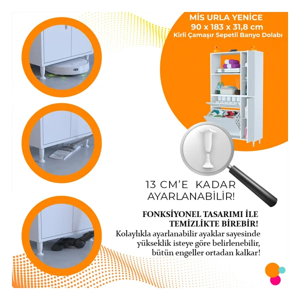 Modilayn Sepetli Kirli Çamaşır Dolabı Kapaklı Raflı Çok Amaçlı Dolap Banyo Dolabı - Beyaz - Görsel 3