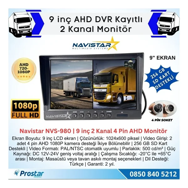 Kayıtlı 9 İnç İkiye Bölen 2 Kanal Split Ahd 1080P/720P Destekli 4 Pin 256 Gb Sd Destekli Monitör - Görsel 2