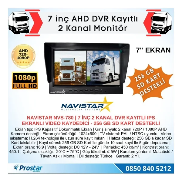 Kayıtlı 7 İnç İkiye Bölen 2 Kanal Split Ahd 1080P/720P Destekli 4 Pin 256 Gb Sd Destekli Monitör - Görsel 2