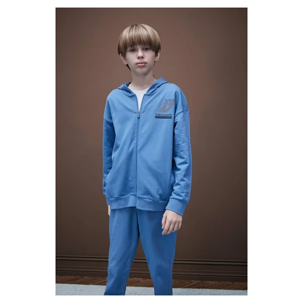DeFacto %100 Pamuk Baskılı Kapüşonlu Fermuarlı Sweatshirt Erkek Çocuk D8536A825SP - İndigo-IN195 - 9 - 10 Yaş - Görsel 6