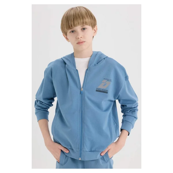 DeFacto %100 Pamuk Baskılı Kapüşonlu Fermuarlı Sweatshirt Erkek Çocuk D8536A825SP - İndigo-IN195 - 9 - 10 Yaş - Görsel 9