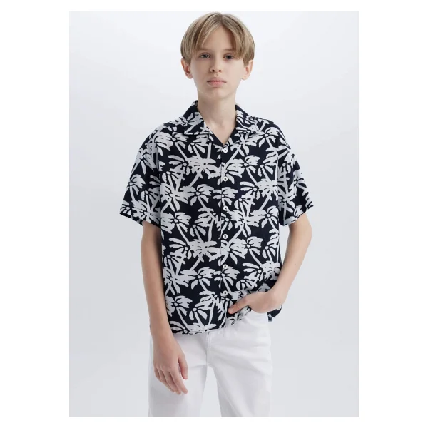 DeFacto Oversize Geniş Kalıp Polo Yaka Desenli Kısa Kollu Gömlek Erkek Çocuk E2969A825SM - Lacivert-NV146 - 13 - 14 Yaş - Görsel 10