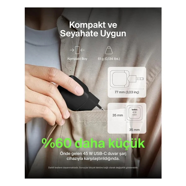 Belkin WCA013 45 W Type-C Hızlı Şarj Adaptörü - Görsel 6