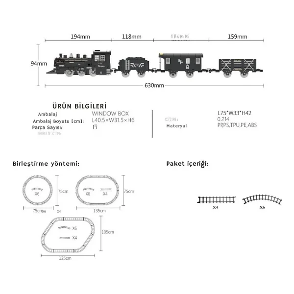 Brother Toys Duman Çıkartan Büyük Boy Pilli Sesli ve Işıklı 15 Parça Klasik Buharlı Tren Oyuncak Lokomotif Seti - Görsel 7
