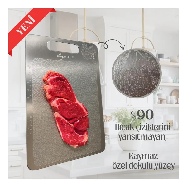 Shghome Paslanmaz Çelik Kesme Tahtası Özel Yüzey Işlemeli 1,5 mm Kalınlık, 23 x 34 cm Yıkanabilir, Gıda Temasına Uygun, Hijyenik - 1 Adet - Görsel 2