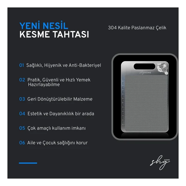 Shghome Paslanmaz Çelik Kesme Tahtası Özel Yüzey Işlemeli 1,5 mm Kalınlık, 23 x 34 cm Yıkanabilir, Gıda Temasına Uygun, Hijyenik - 1 Adet - Görsel 6