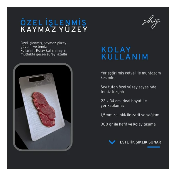 Shghome Paslanmaz Çelik Kesme Tahtası Özel Yüzey Işlemeli 1,5 mm Kalınlık, 23 x 34 cm Yıkanabilir, Gıda Temasına Uygun, Hijyenik - 1 Adet - Görsel 7