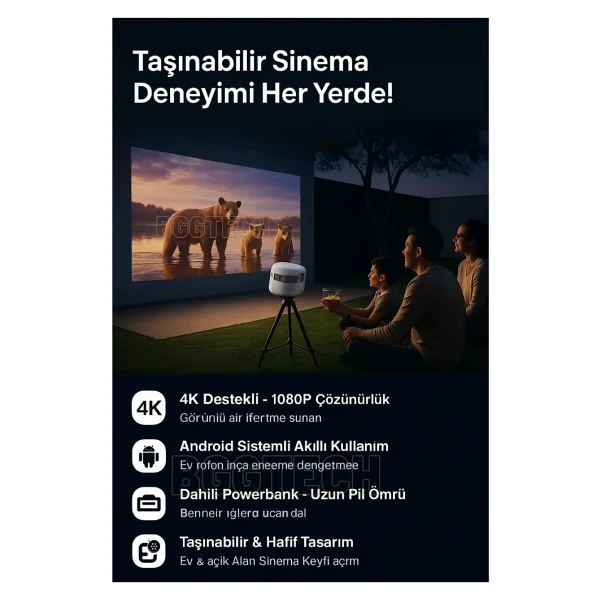 P1 Taşınabilir Powerbankli 4K Destekli 1080P Android Sistemli Sinema Projeksiyon Cihazı - Gri - Görsel 6