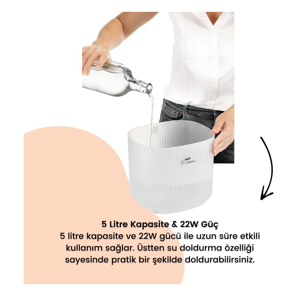 Bebebao Pufi 5lt Ultrasonik 7 Renkli Buhar Makinesi Hava Oda Ortam Nemlendirici Dokunmatik Panel Aromatik yağ hazneli - Beyaz - Görsel 4