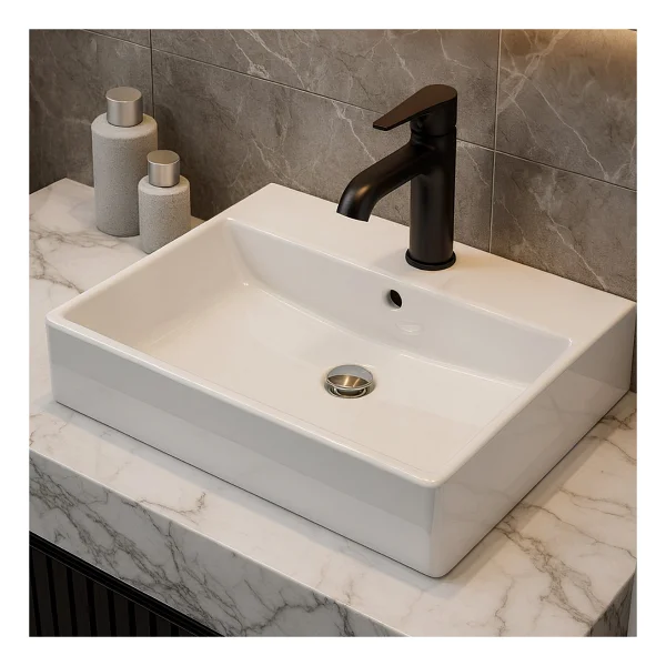 Turavit Vega Dikdörtgen Tezgah Üstü Beyaz Batarya Delikli Lavabo 60x45 Cm Vg0060 - Görsel 4