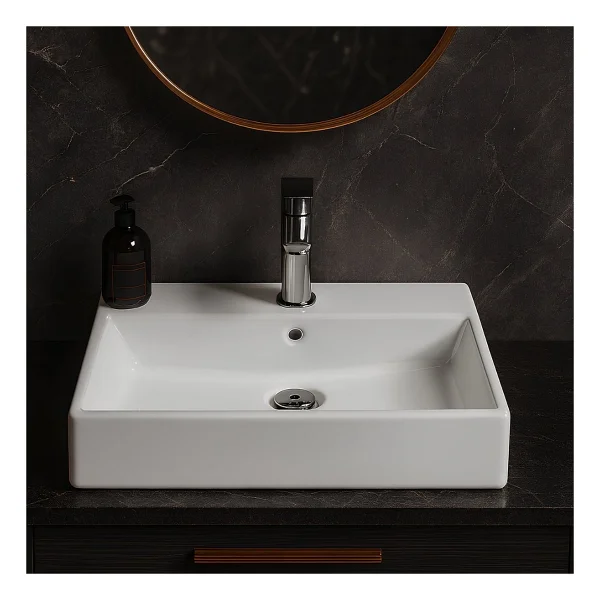 Turavit Vega Dikdörtgen Tezgah Üstü Beyaz Batarya Delikli Lavabo 60x45 Cm Vg0060 - Görsel 5