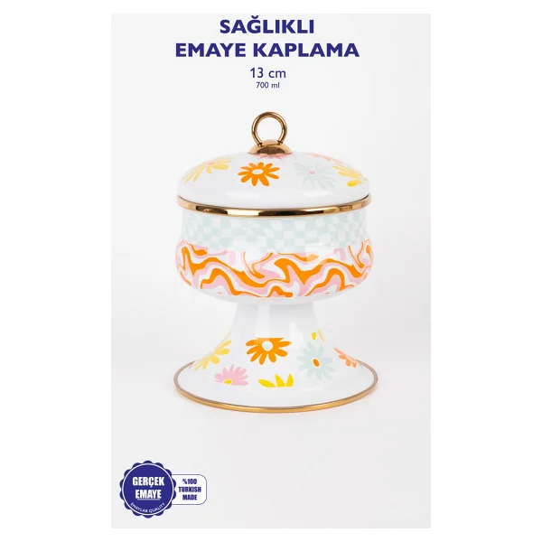 EMAYlab RETRO HİPPİ 14 x 13 cm Dekoratif Emaye Kapaklı Şekerlik, çikolata sunumu, çerezlik - Görsel 4