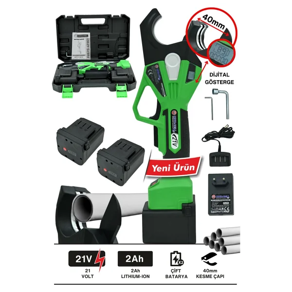 21 V 2 amper Dijital Göstergeli Şarjlı Boru Kesme Makası 40 mm Çap - Görsel 2