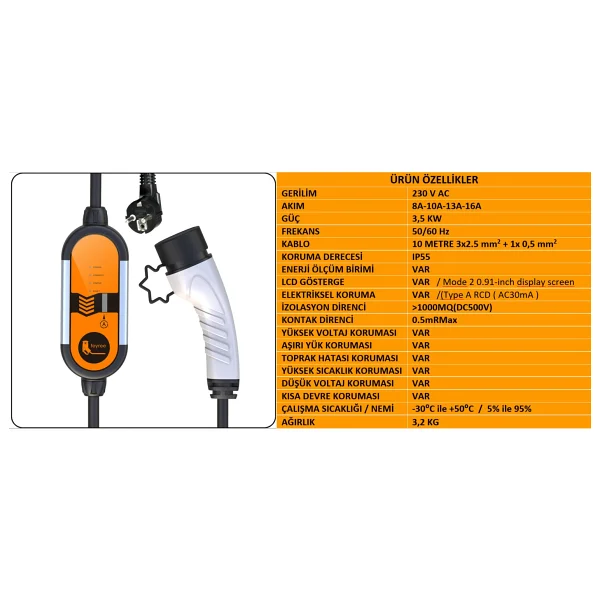 Feyree 10 Metre Ev Prizi 3.5 Kw Elektrikli Araç Taşınabilir Şarj Cihazı Tip-2 Mod 2 - Görsel 6