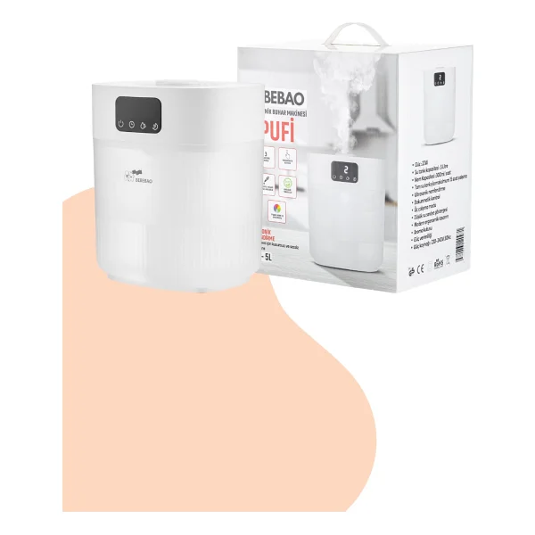 Bebebao Pufi 5lt Ultrasonik 7 Renkli Buhar Makinesi Hava Oda Ortam Nemlendirici Dokunmatik Panel Aromatik yağ hazneli - Beyaz - Görsel 10