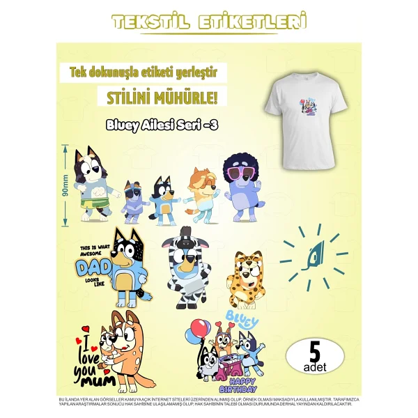 Agg Reklam Ütü ile Yapışan Kıyafet Etiketi Bluey Serisi -5 20LI Set - Karışık Renkler - Görsel 6