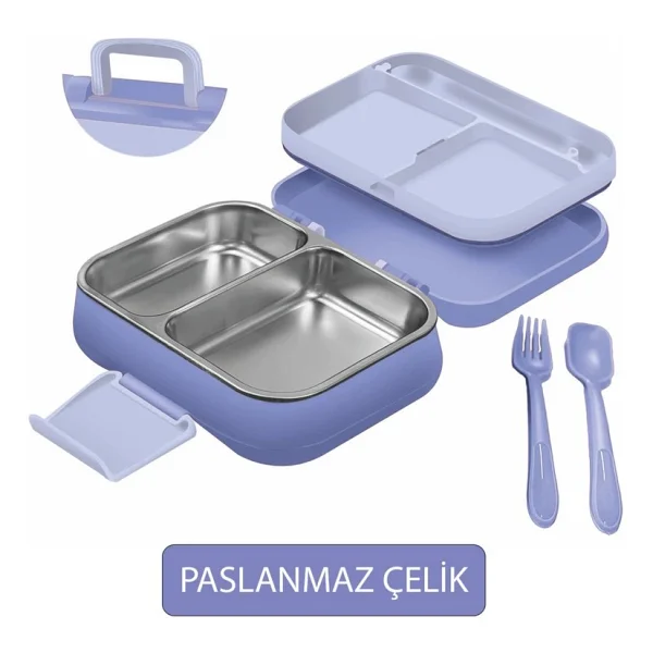 Happi Beslenme Kabı 1 Litre Paslanmaz Çelik 2 Bölmeli Sızdırmaz Yemek Saklama Kabı - Mor - Görsel 4