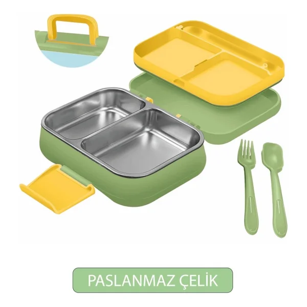 Happi Beslenme Kabı 1 Litre Paslanmaz Çelik 2 Bölmeli Sızdırmaz Yemek Saklama Kabı - Yeşil - Görsel 3